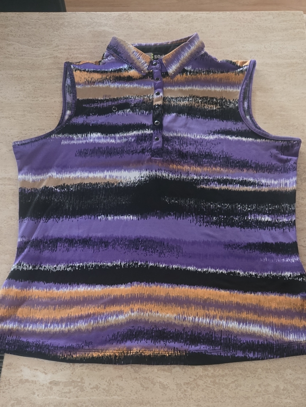 jamie sadock Purple Black and Gold Striped Sleeveless Polo